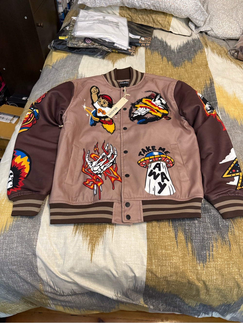 Reason Embroidered Graphic Bomber Jacket - Brown Size XL